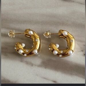 Anthropologie “Bella” Diamond and Pearl chuncky Hoop Earrings